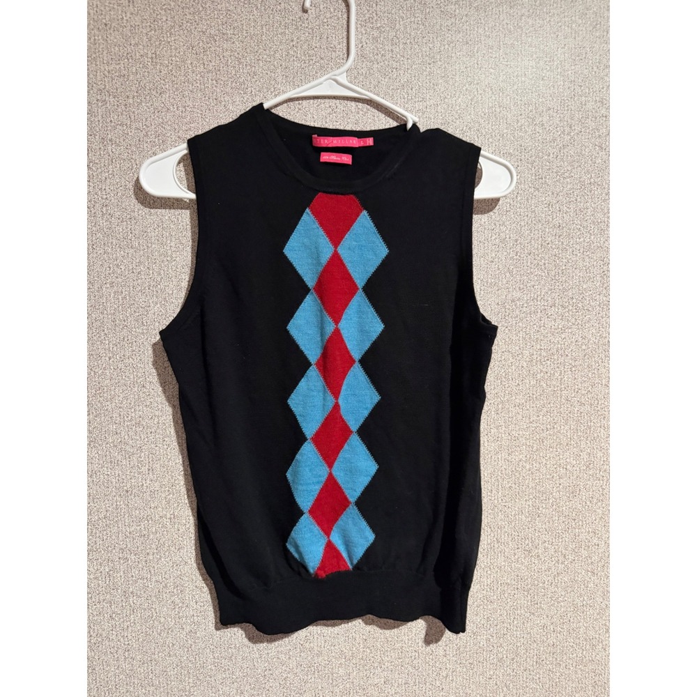 Peter Millar Womens Black Merino Wool Argyle Sweater Vest L Red Blue Diamond